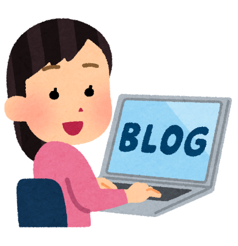 パソコンでブログ記事を作成しながら、こちらを見ている女性のイラスト
