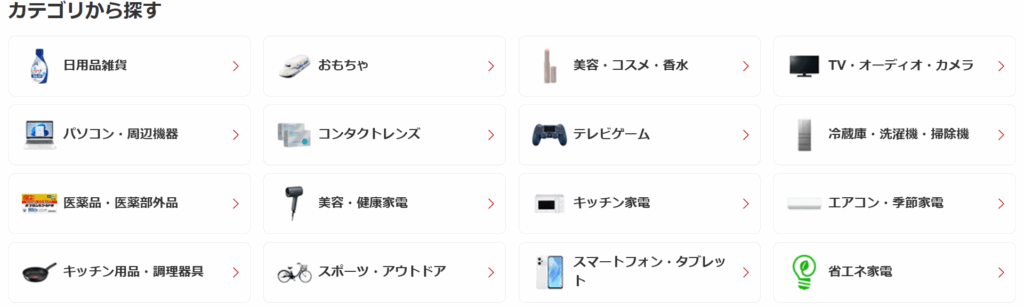 ネット通販ショップの商品カテゴリ一覧