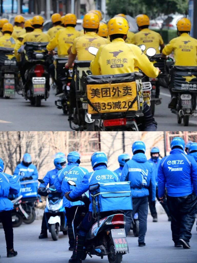 バイクに乗った中国のデリバリー配達業者