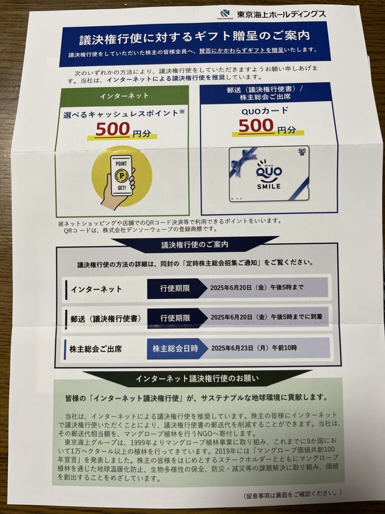 東京海上ホールディングスの株主議決権行使に対するギフト送付案内の表面